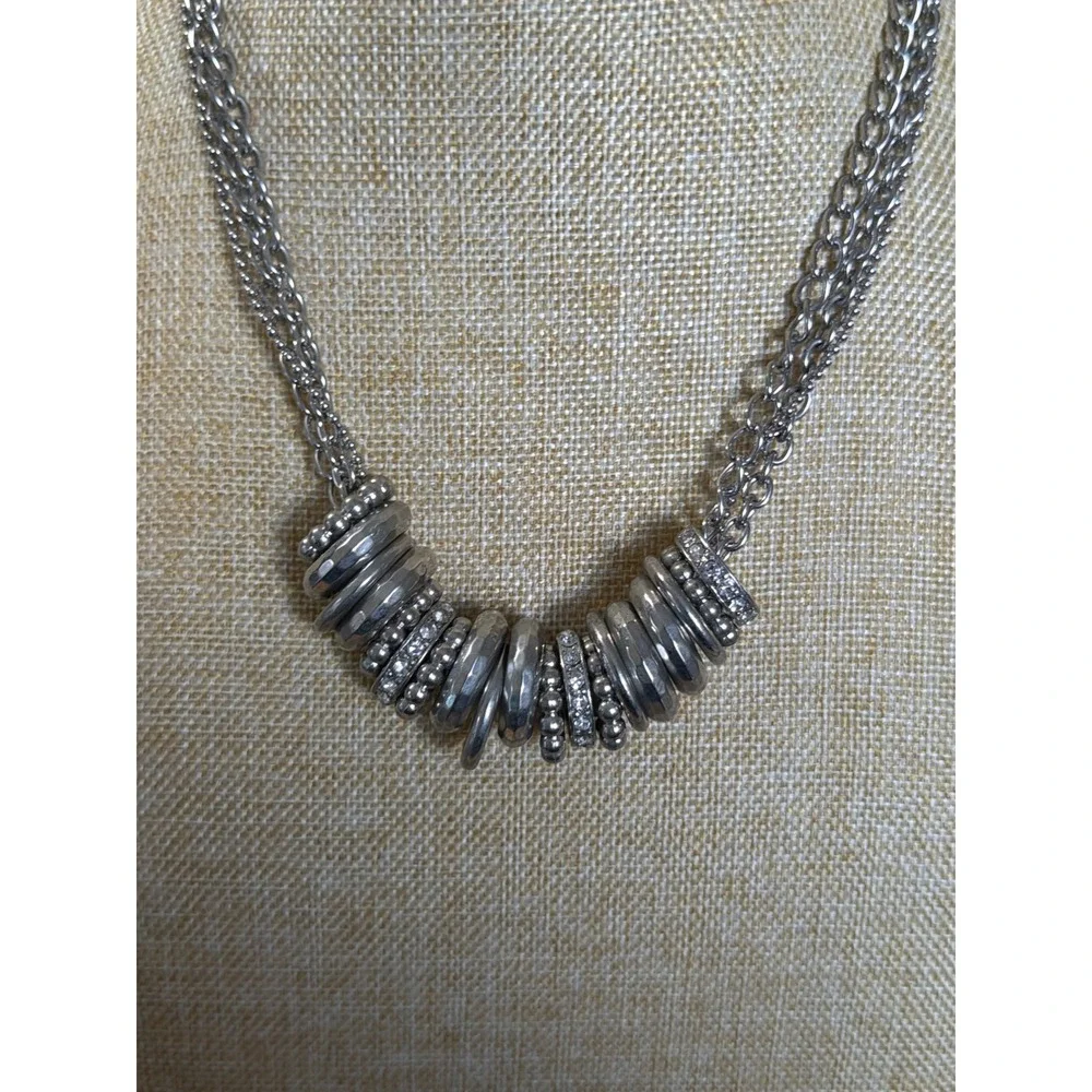 Silver Tone Multi‎ Strand Layered Statement Necklace Mixed Rings Crystal Accents
